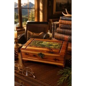 VTG Cedar Keepsake Box Rustic Woodland Landscape Memory Box Cabin Cottage Decor